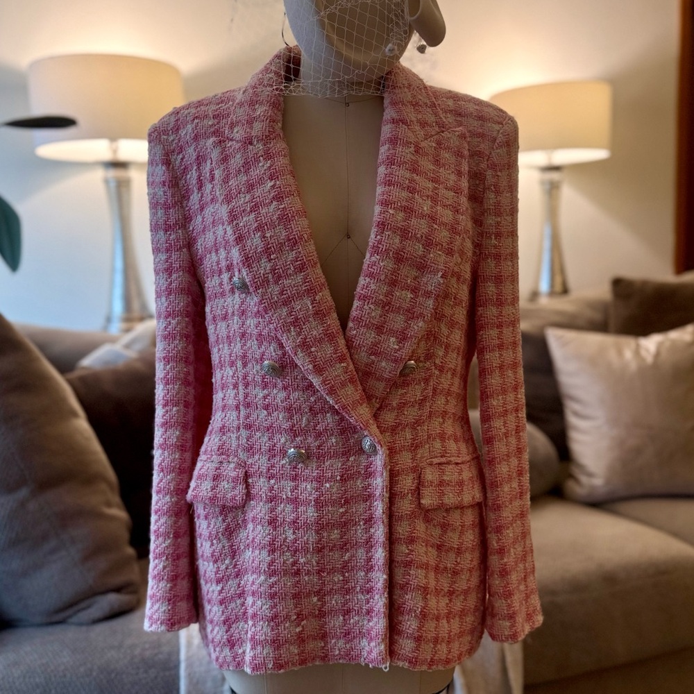 Pink Check Tweed Double-Breasted Blazer - Picture 4 of 9